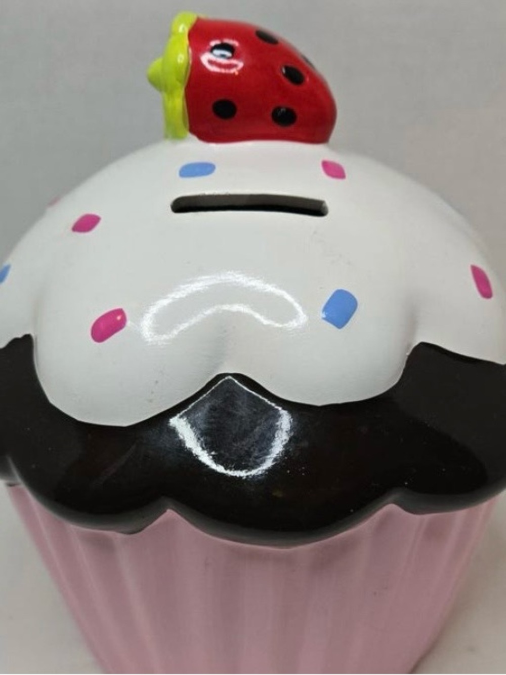 Pink Cupcake Ceramic Piggy Bank with White Frosting and Red Strawberry